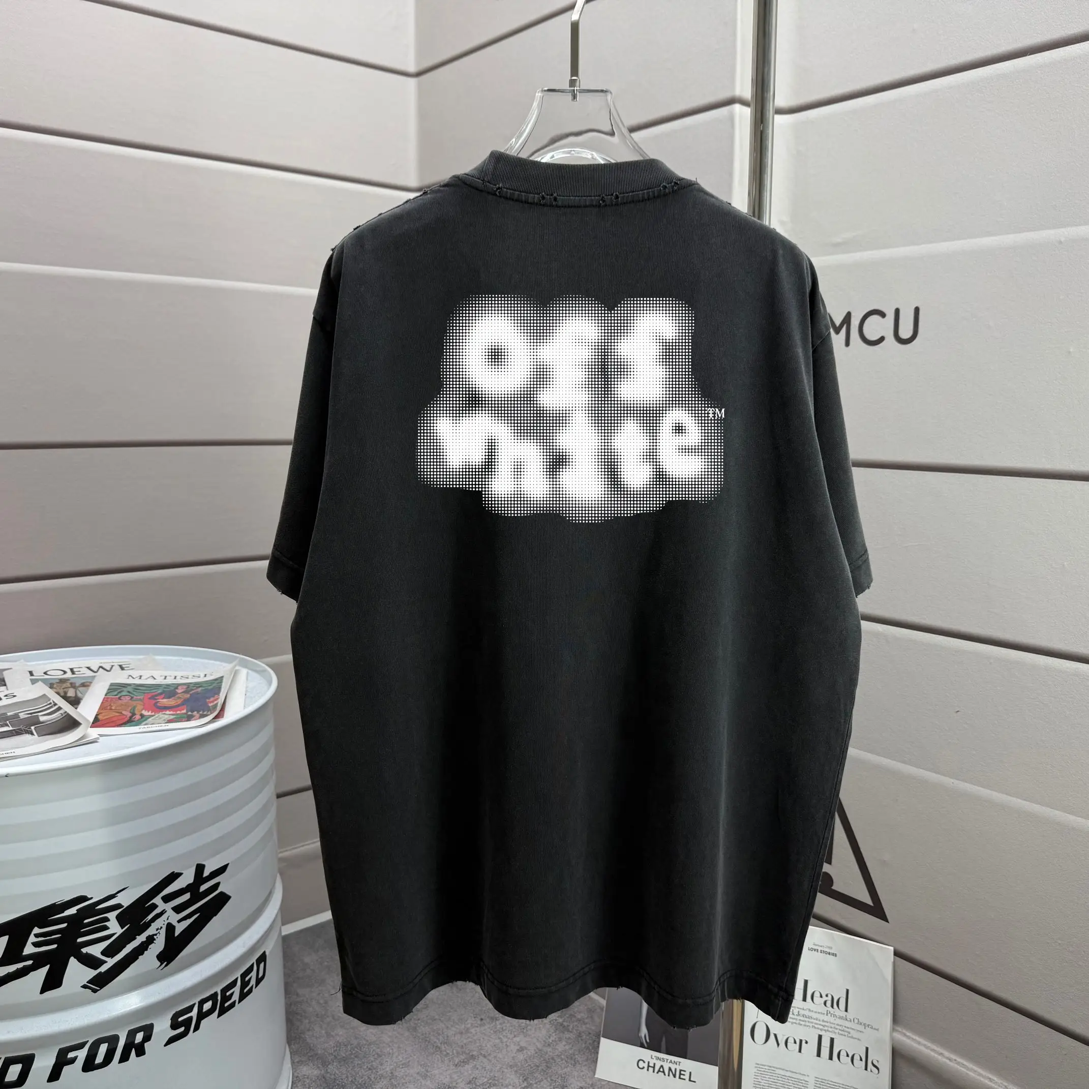 Distressed Logo Print Washed Cotton T-Shirt D14012578