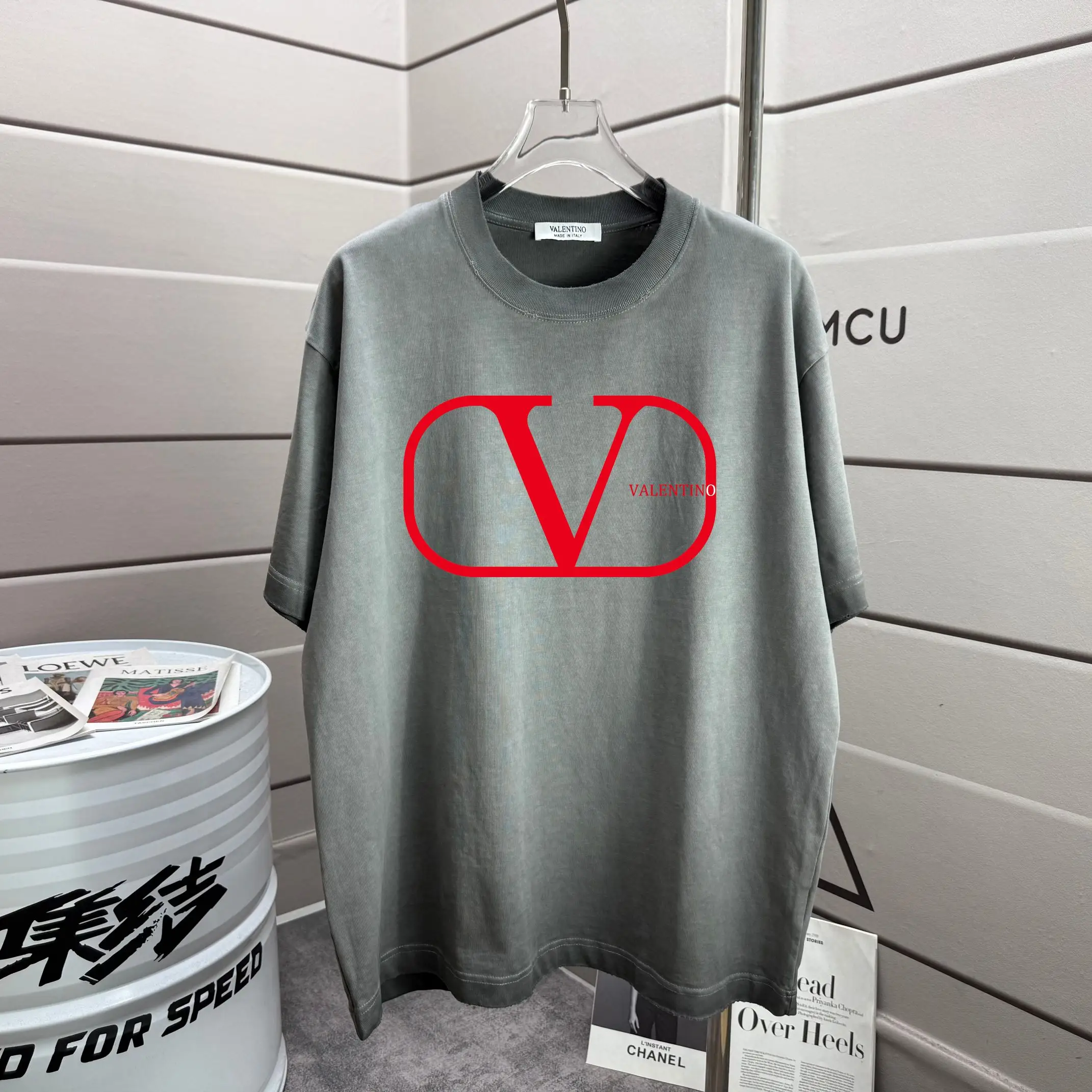 VLogo Print Washed Cotton T-Shirt D14015568