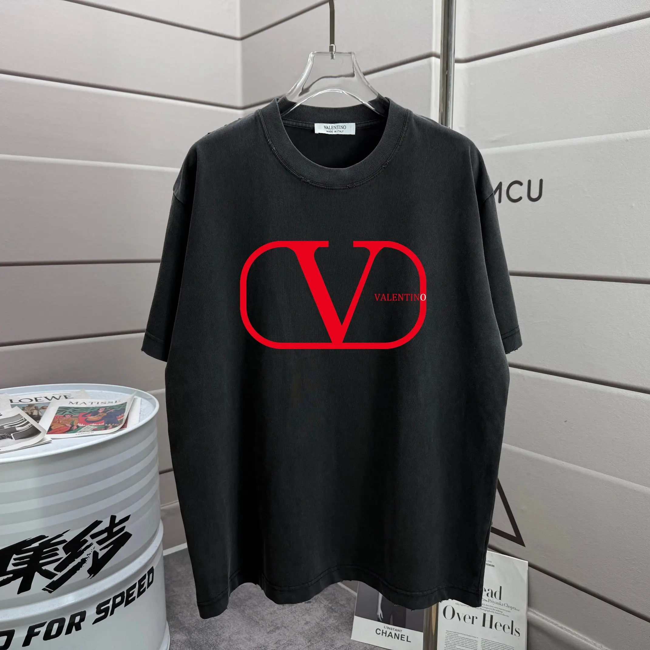 VLogo Print Washed Cotton T-Shirt D14015567