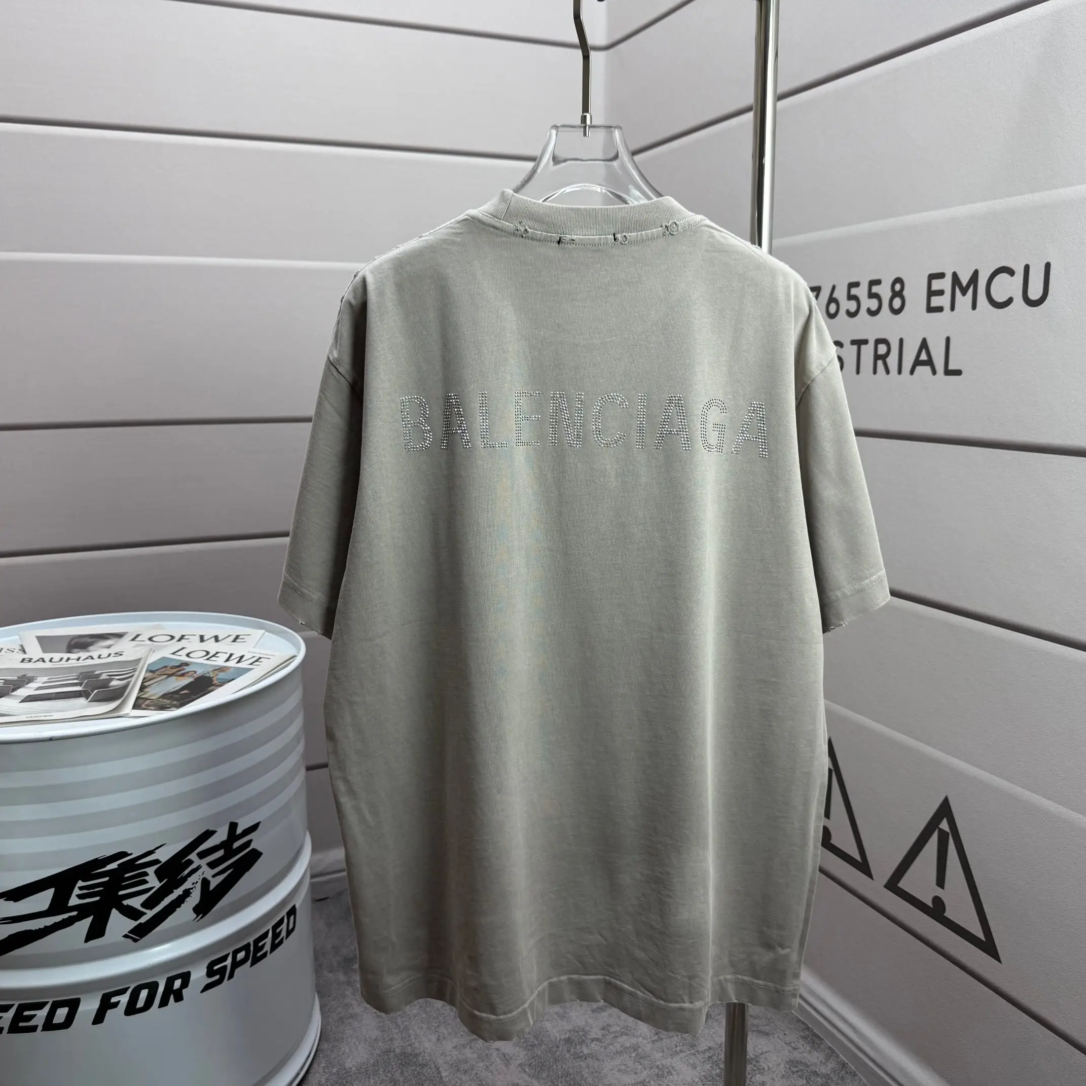 Rhinestone Logo Distressed Cotton T-Shirt D15015514