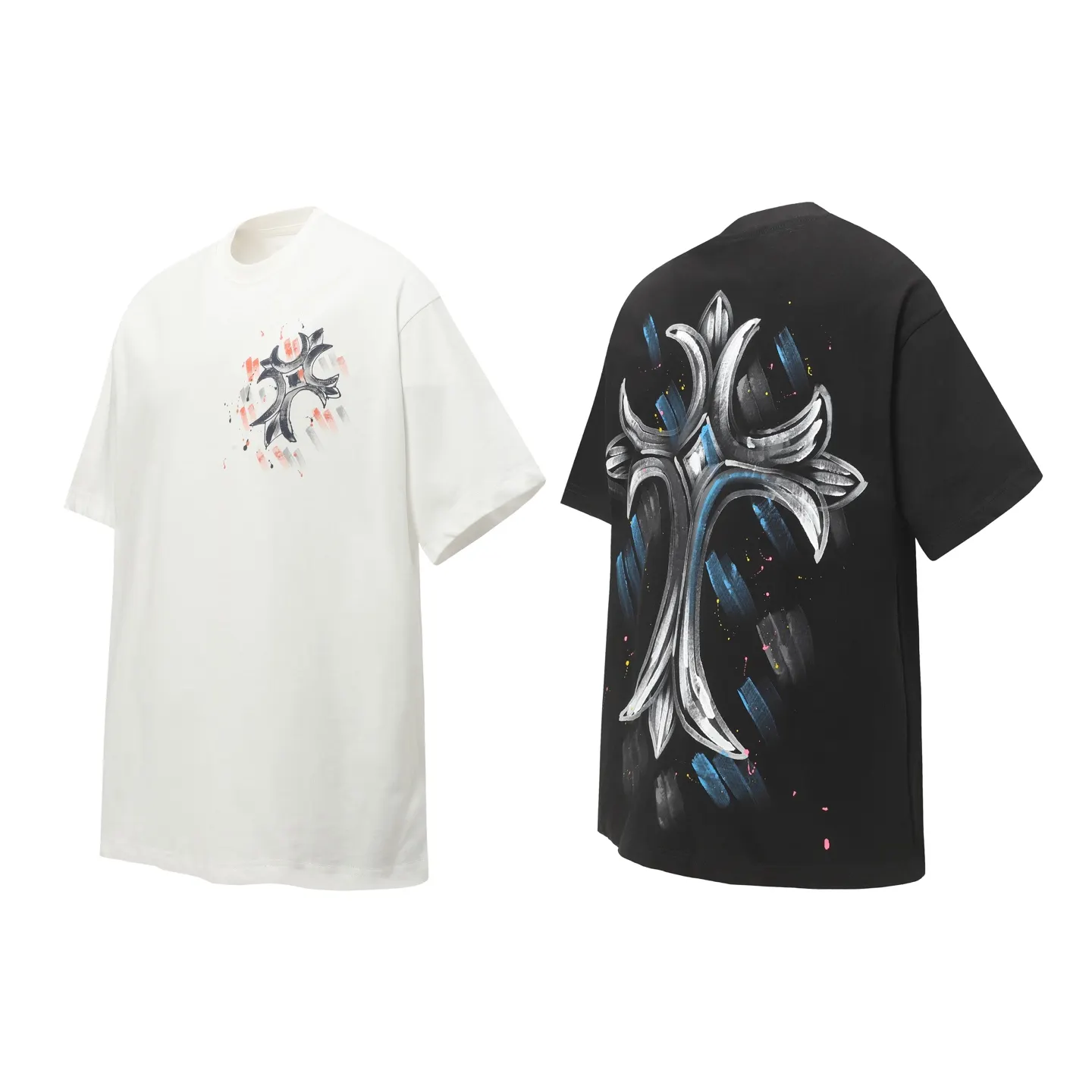 Hand-Painted Cross Print Cotton T-Shirt D10514035