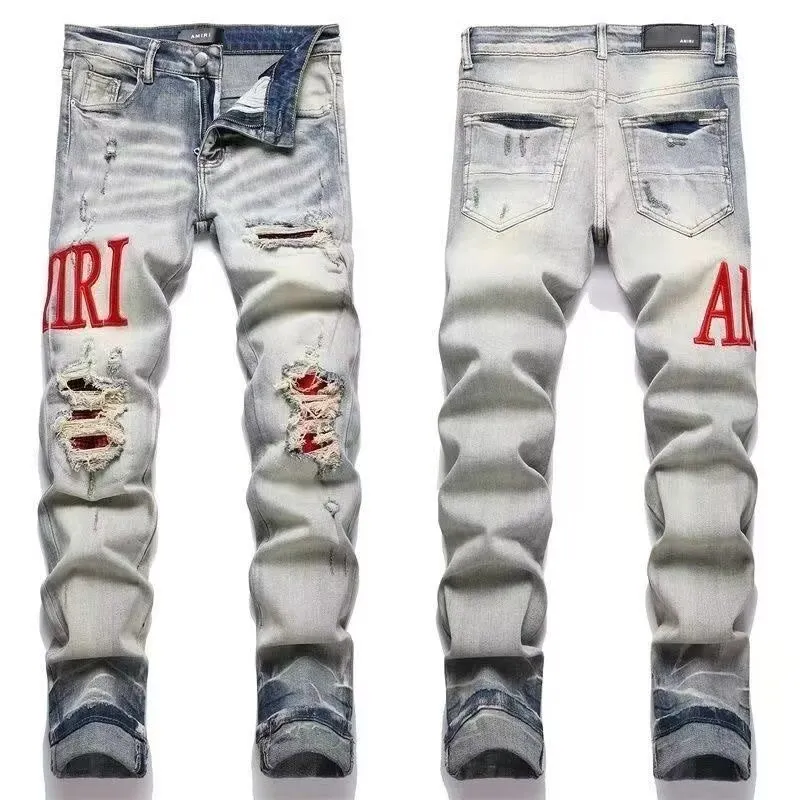 Logo Embroidered Distressed Slim-Fit Jeans D14523125