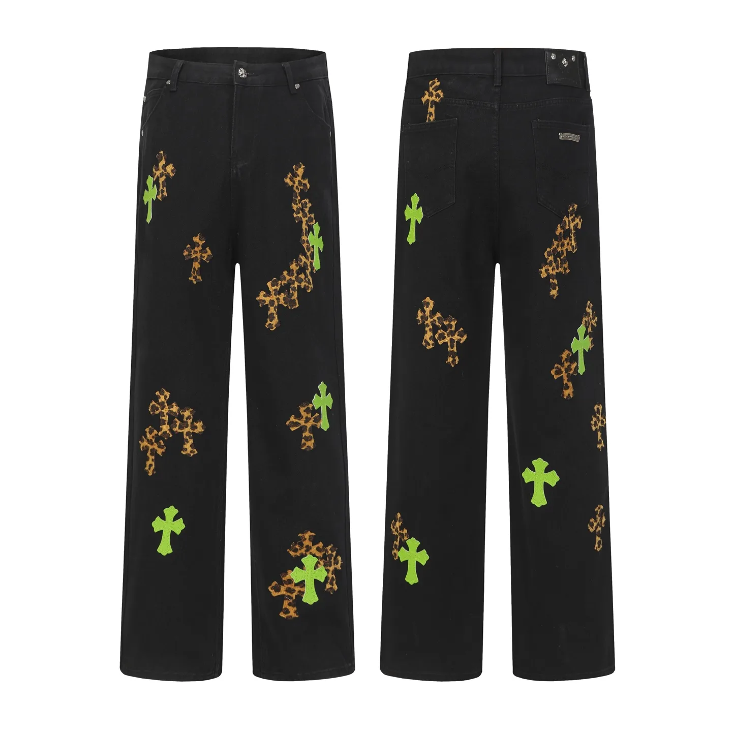 Leopard Patch Cross Straight-Leg Jeans D15514088