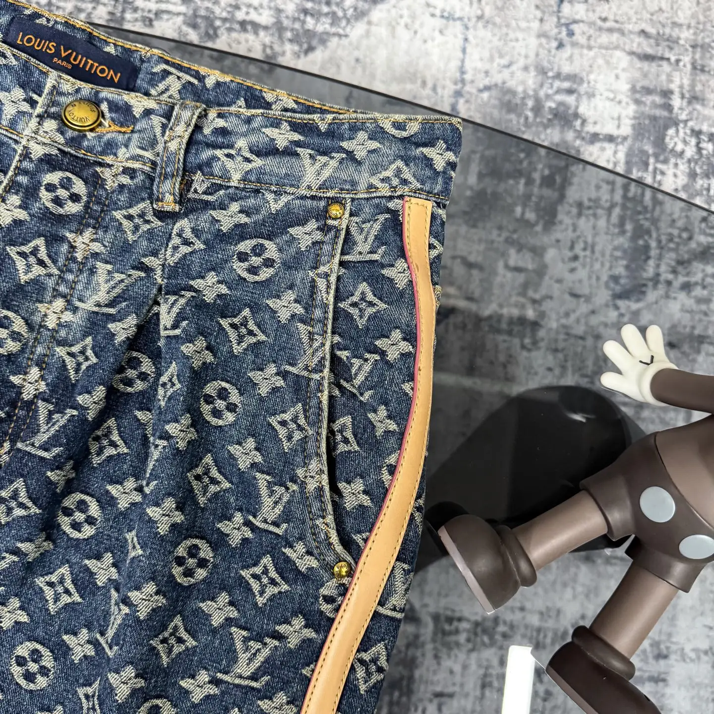 Monogram Jacquard Straight-Leg Jeans with Leather Trim D18523117 — view 7