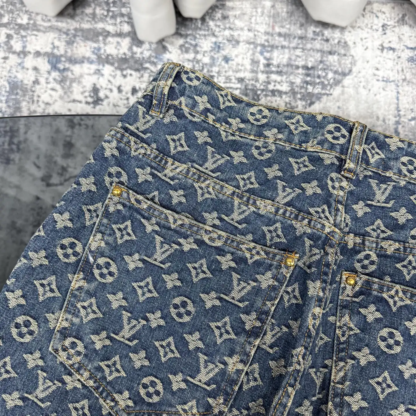 Monogram Jacquard Straight-Leg Jeans with Leather Trim D18523117 — view 13