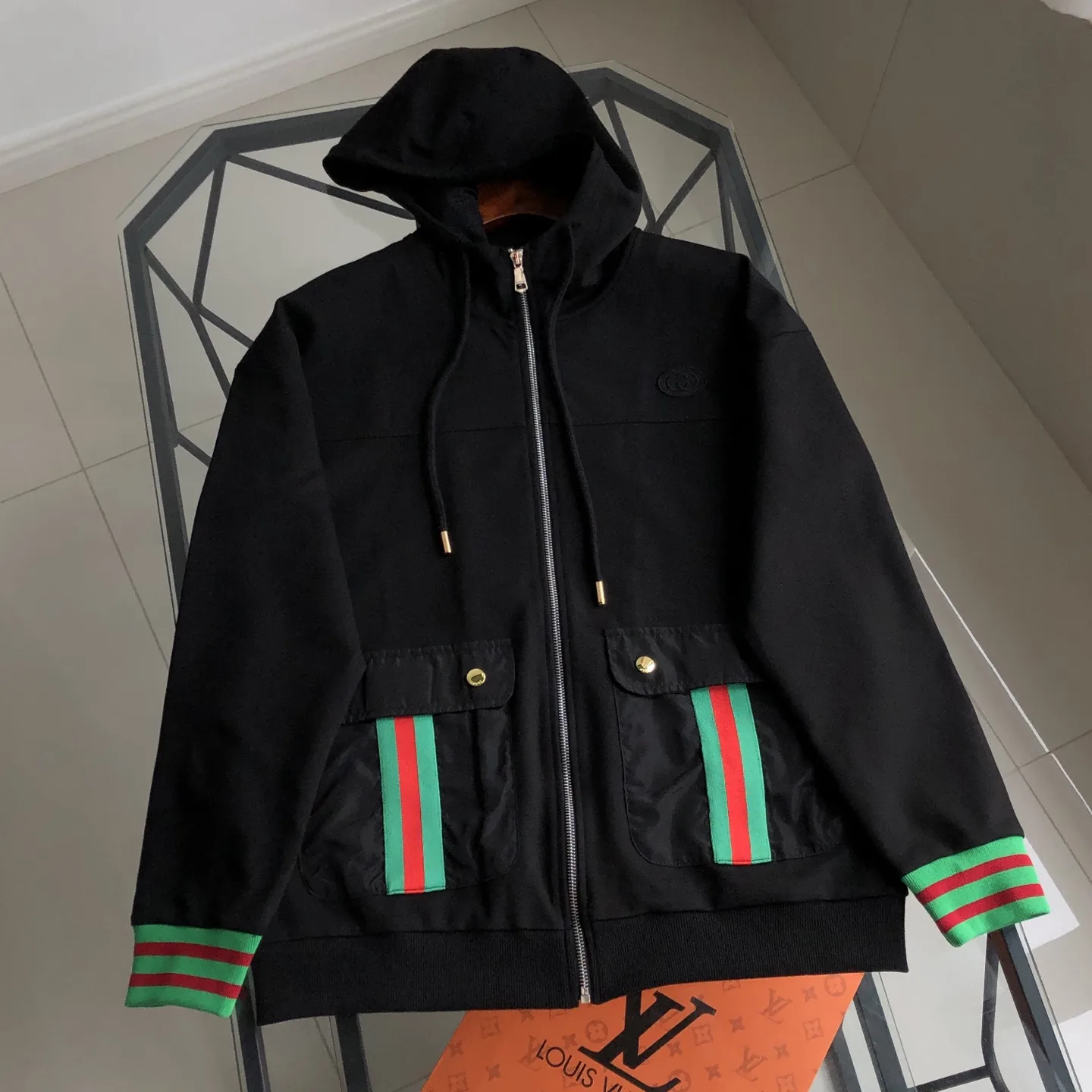 Web-Stripe Trim Hooded Zip-Up Sweatshirt D20521379
