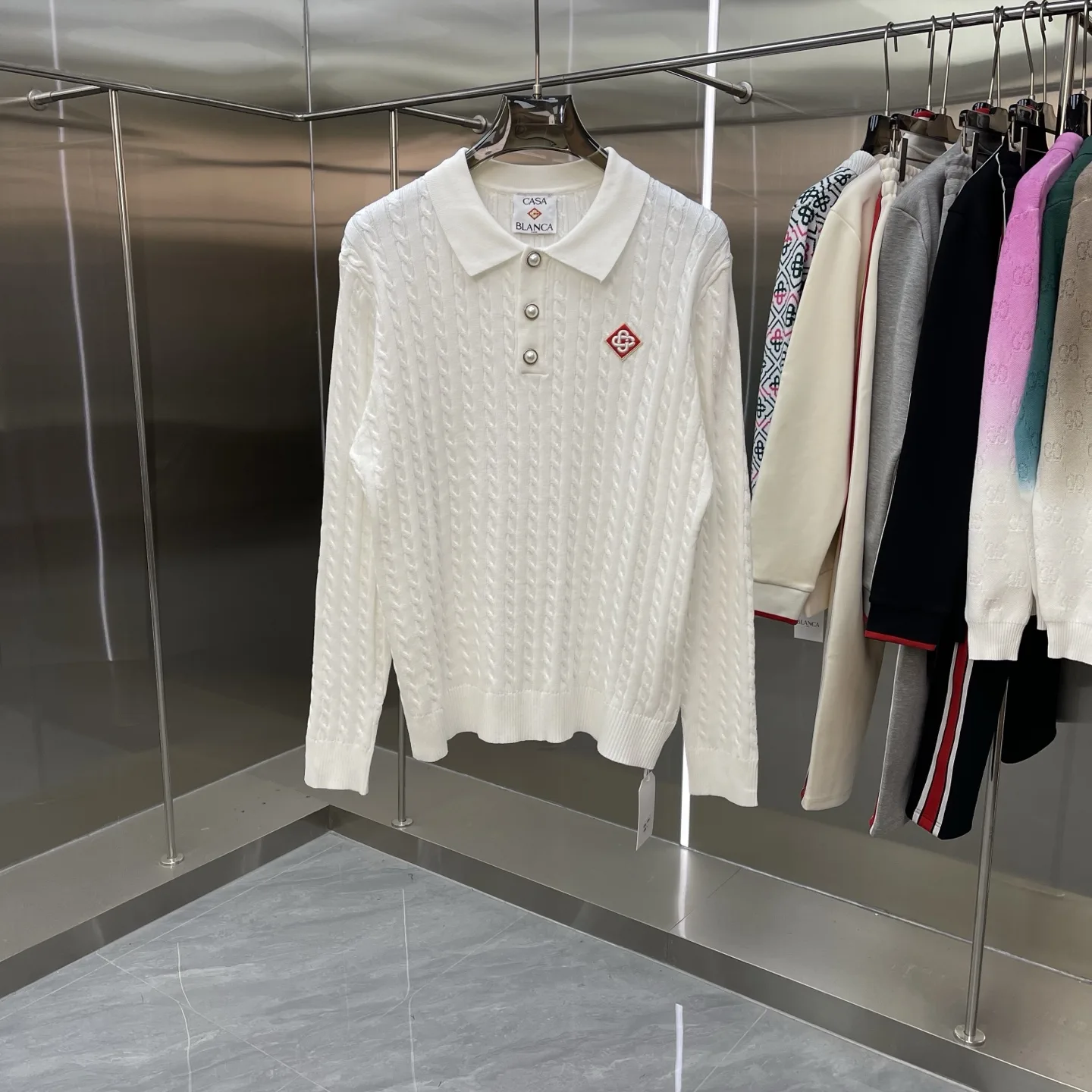 Cable-Knit Long-Sleeve Polo Sweater D21524664