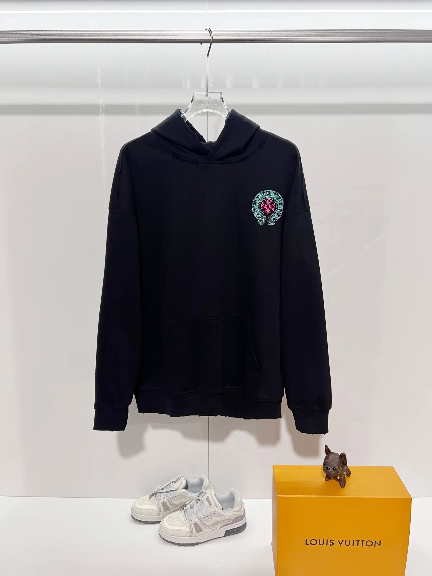 Logo-Embroidered Distressed Cotton Hoodie D22024148