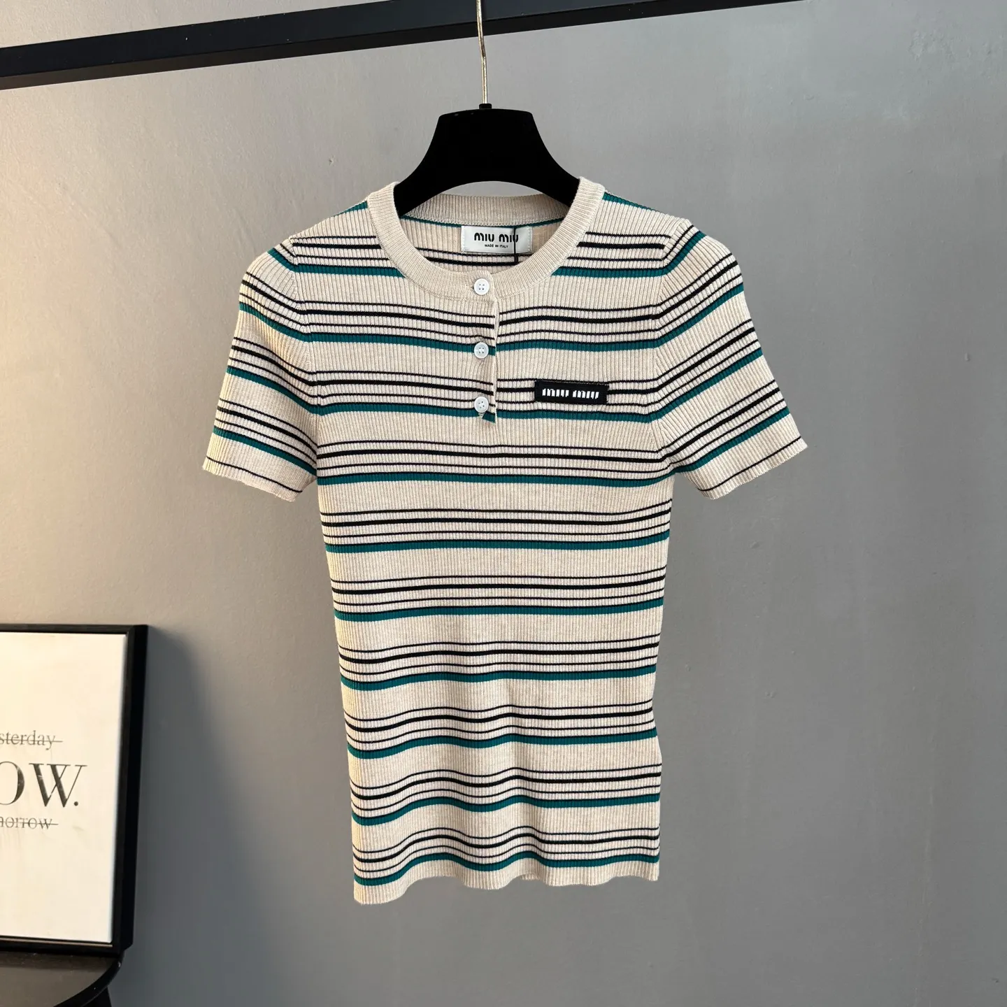 Striped Ribbed-Knit Henley Top D23524053