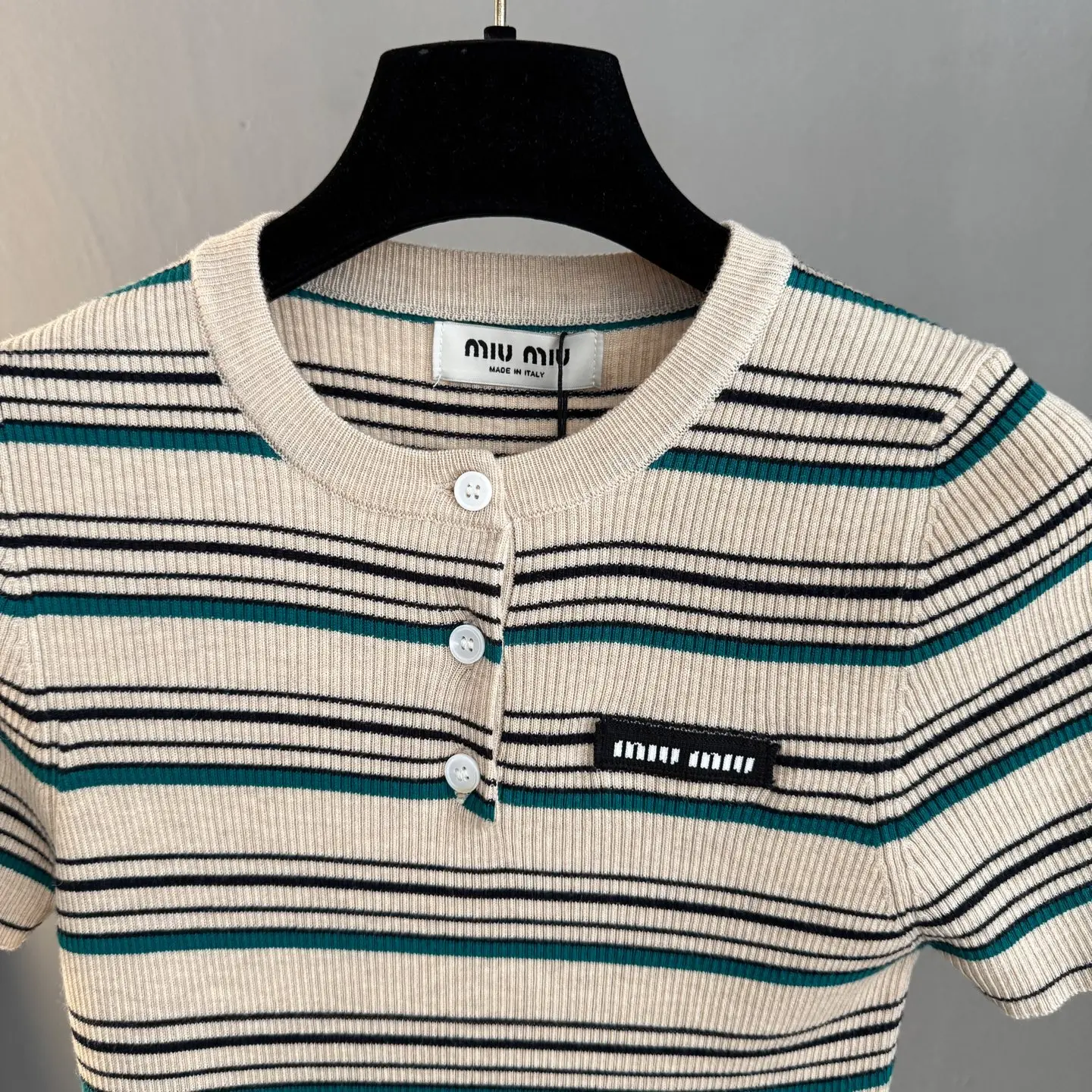 Striped Ribbed-Knit Henley Top D23524053 — view 3