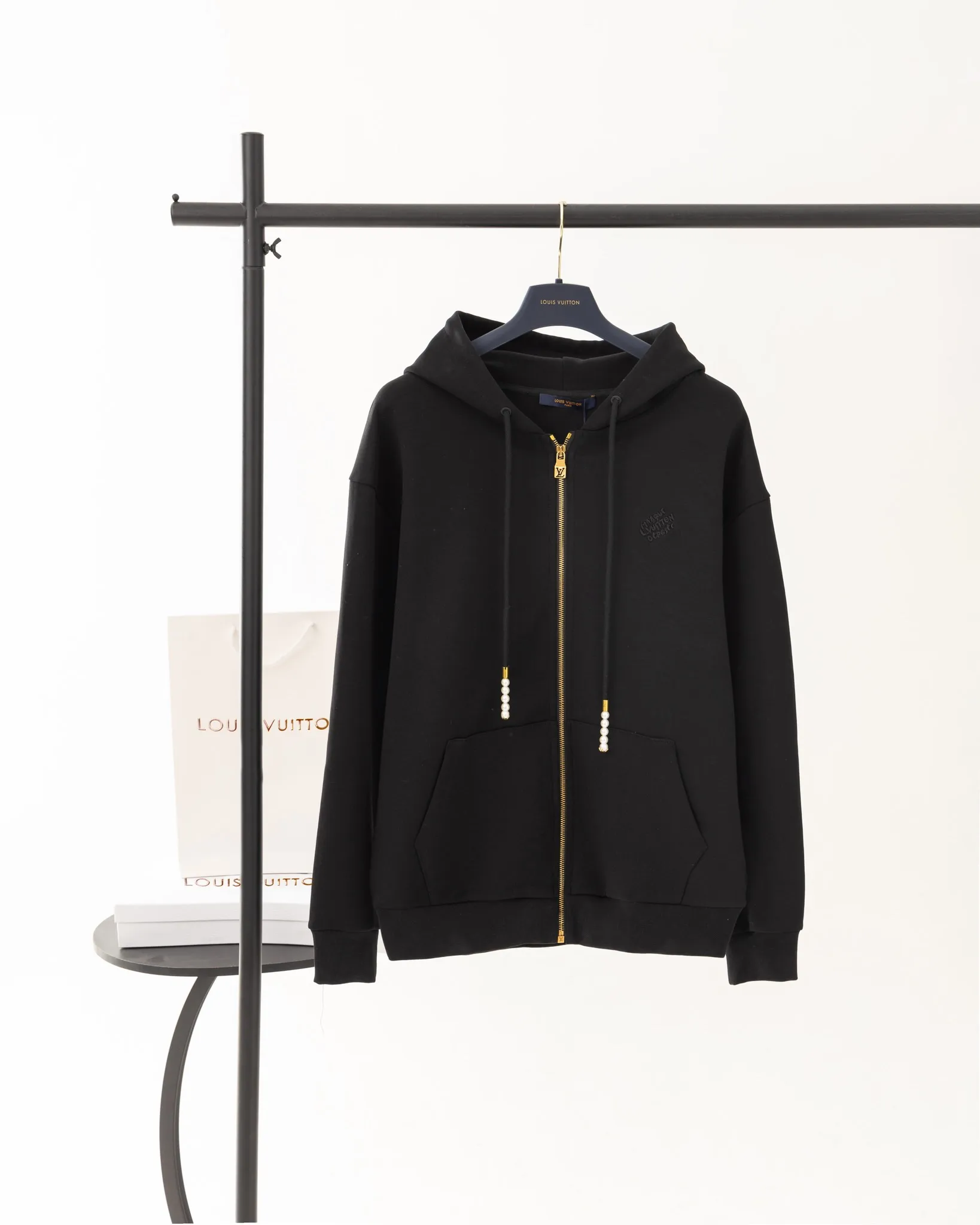 Logo Embroidered Zip-Up Hoodie with Pearl Details D24021202