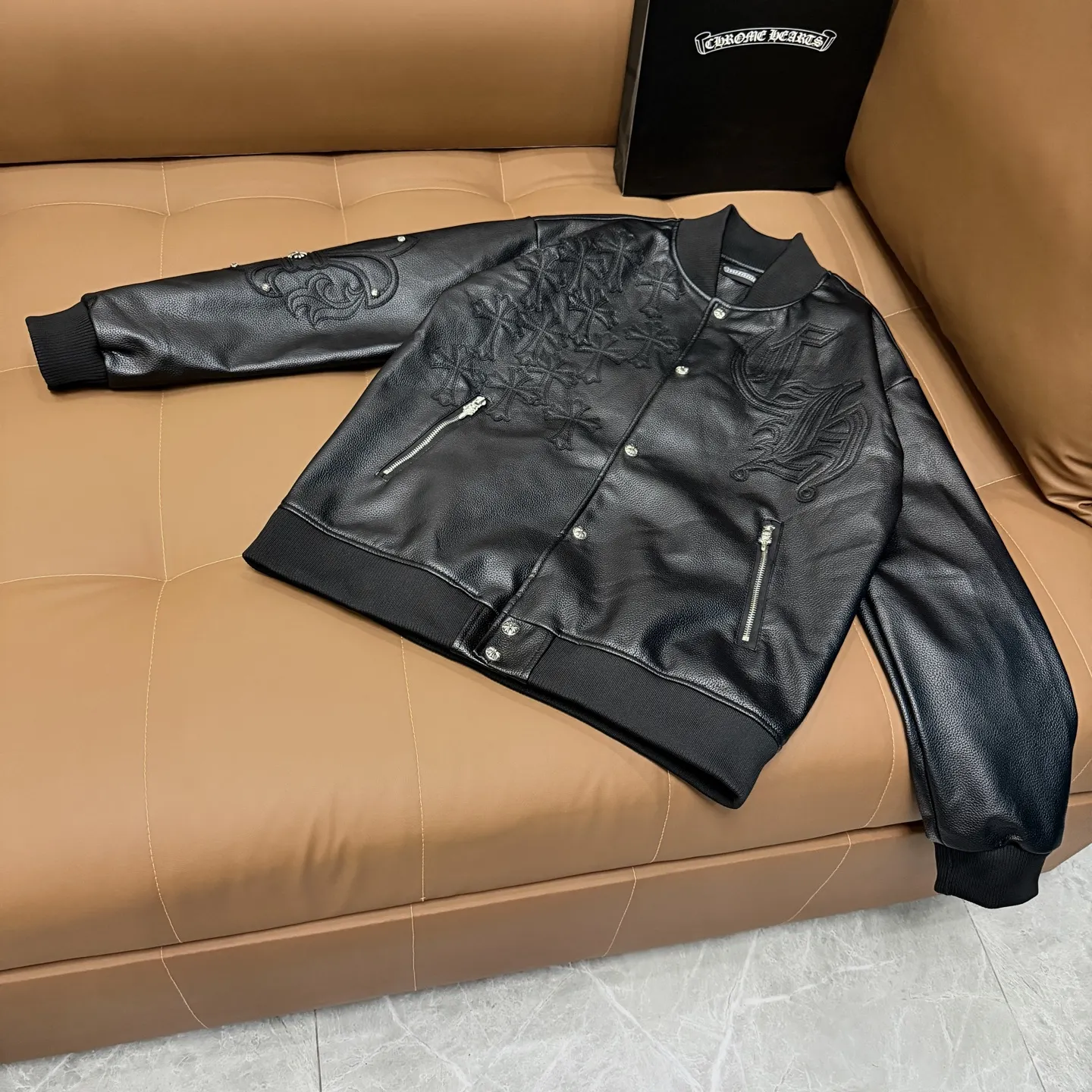 Embroidered Lambskin Leather Bomber Jacket D27022654