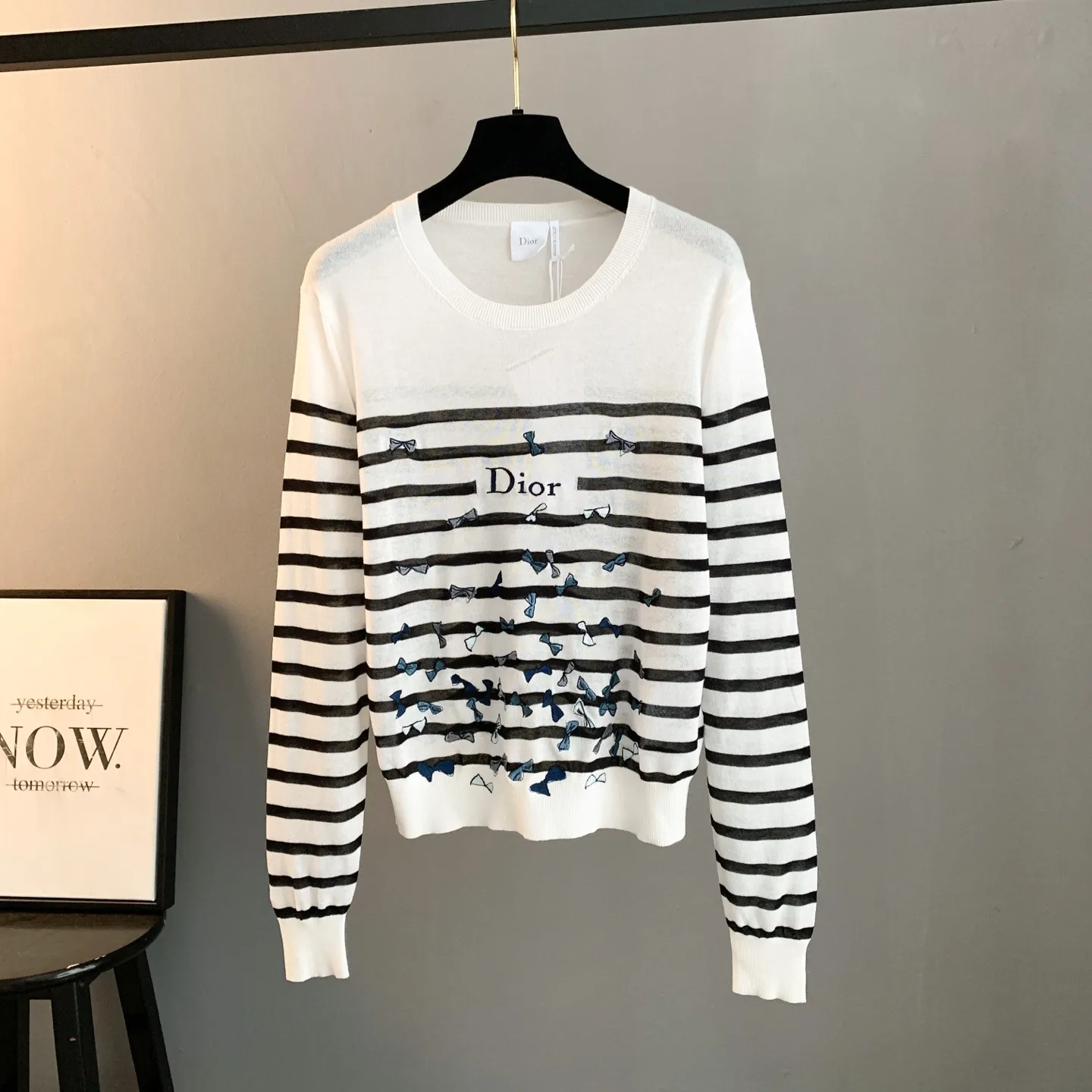 Striped Knit Sweater with Butterfly Embroidery D27024067