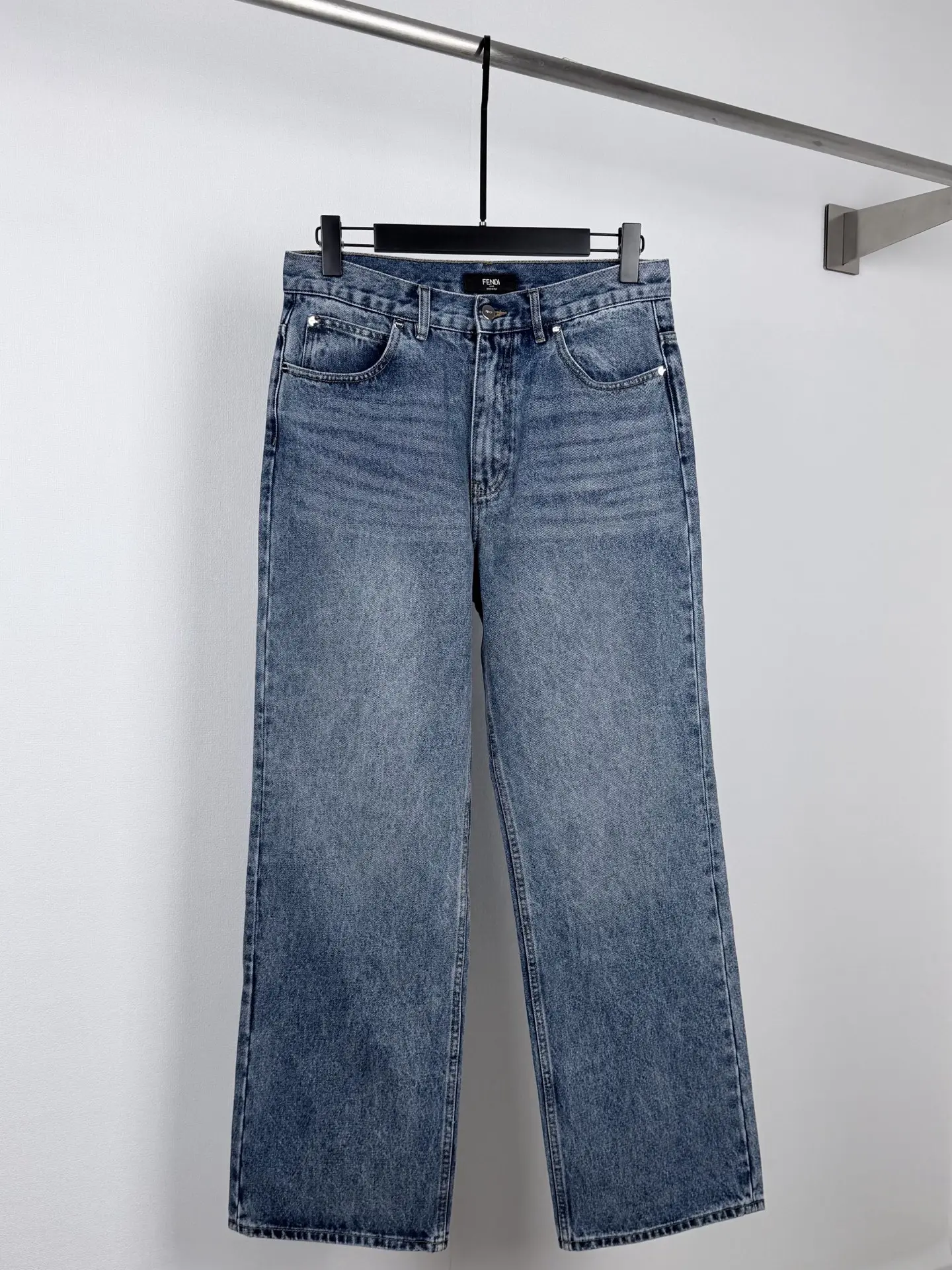 Straight-Leg Washed Denim Jeans with Leather Logo Patch D28521400