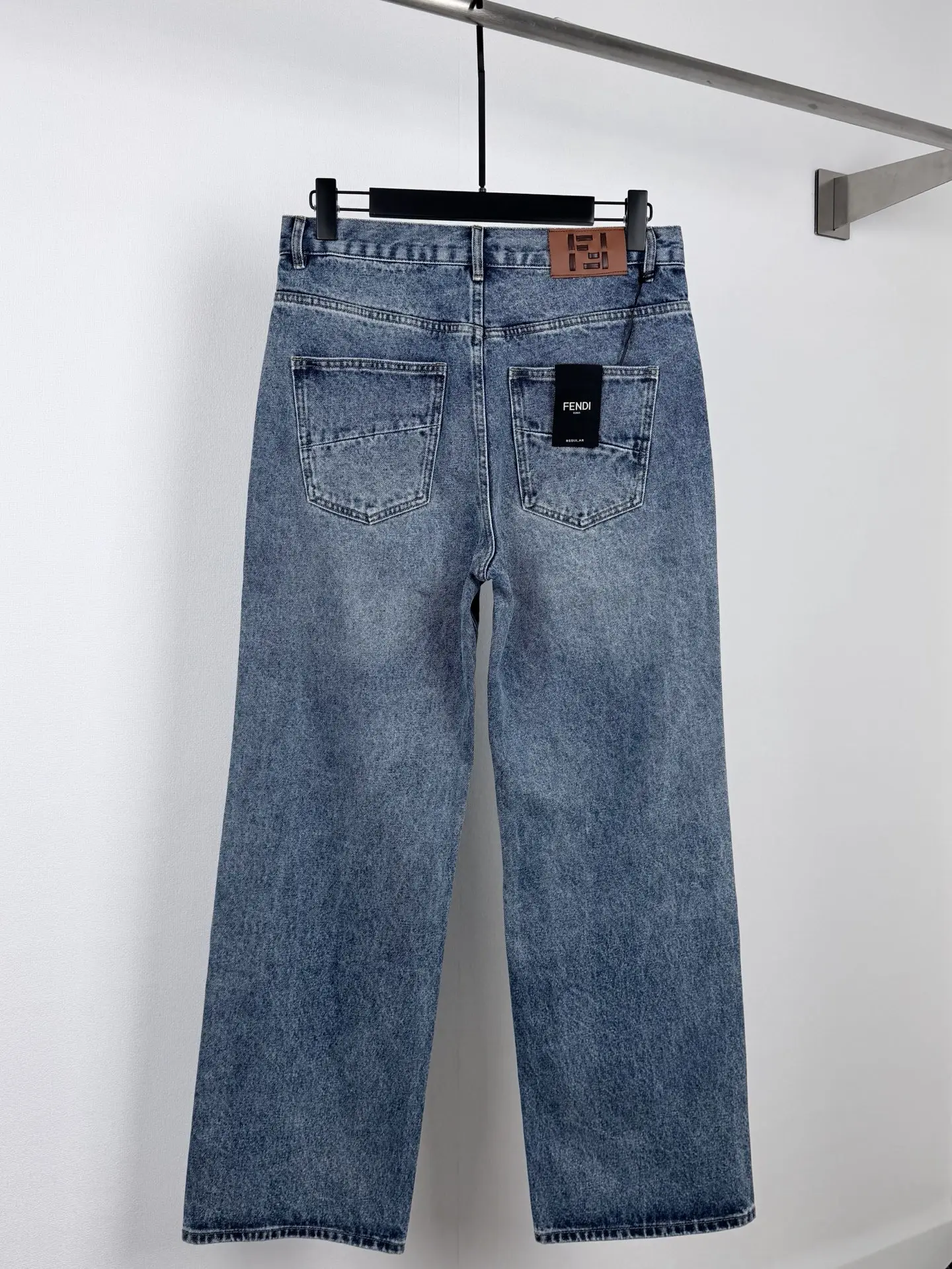 Straight-Leg Washed Denim Jeans with Leather Logo Patch D28521400 — view 3