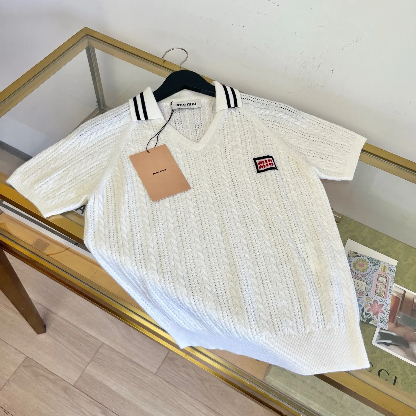 Logo-Patch Cable-Knit Cashmere Polo Shirt D28524049 — view 3
