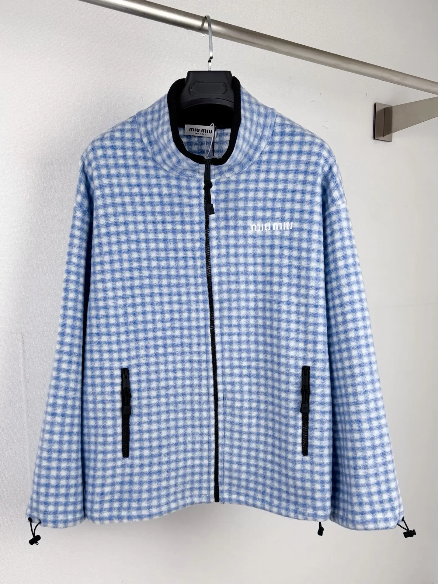 Gingham Embroidered Fleece Zip-Up Jacket D32021313