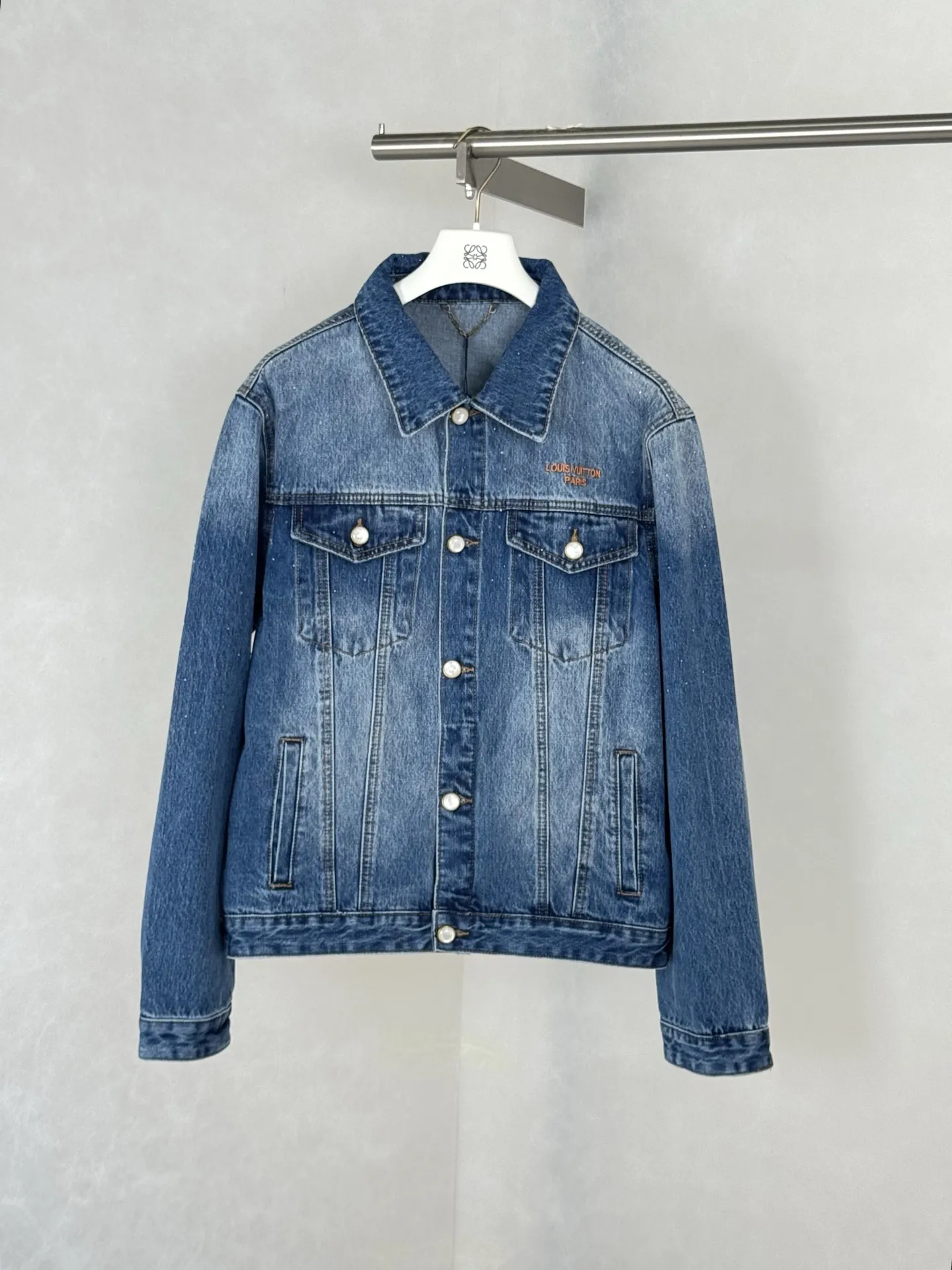 Embellished Washed Denim Jacket with Pearl Buttons D32521227