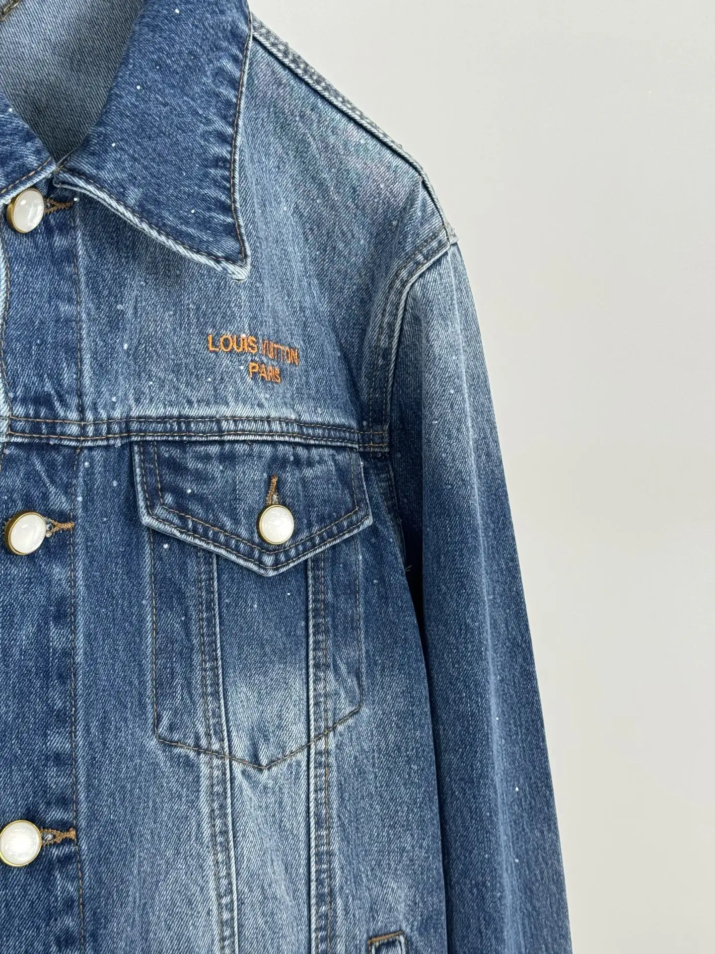 Embellished Washed Denim Jacket with Pearl Buttons D32521227 — view 3