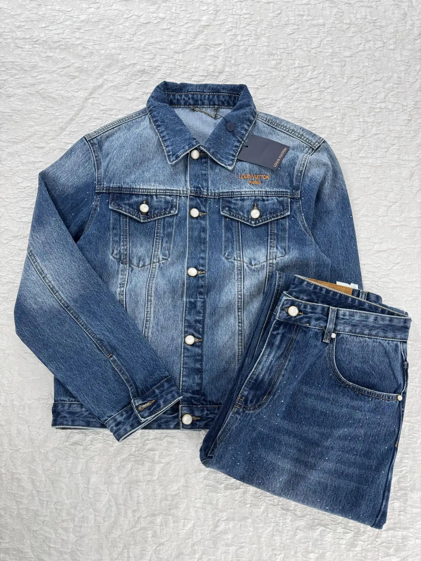 Embellished Washed Denim Jacket with Pearl Buttons D32521227 — view 5