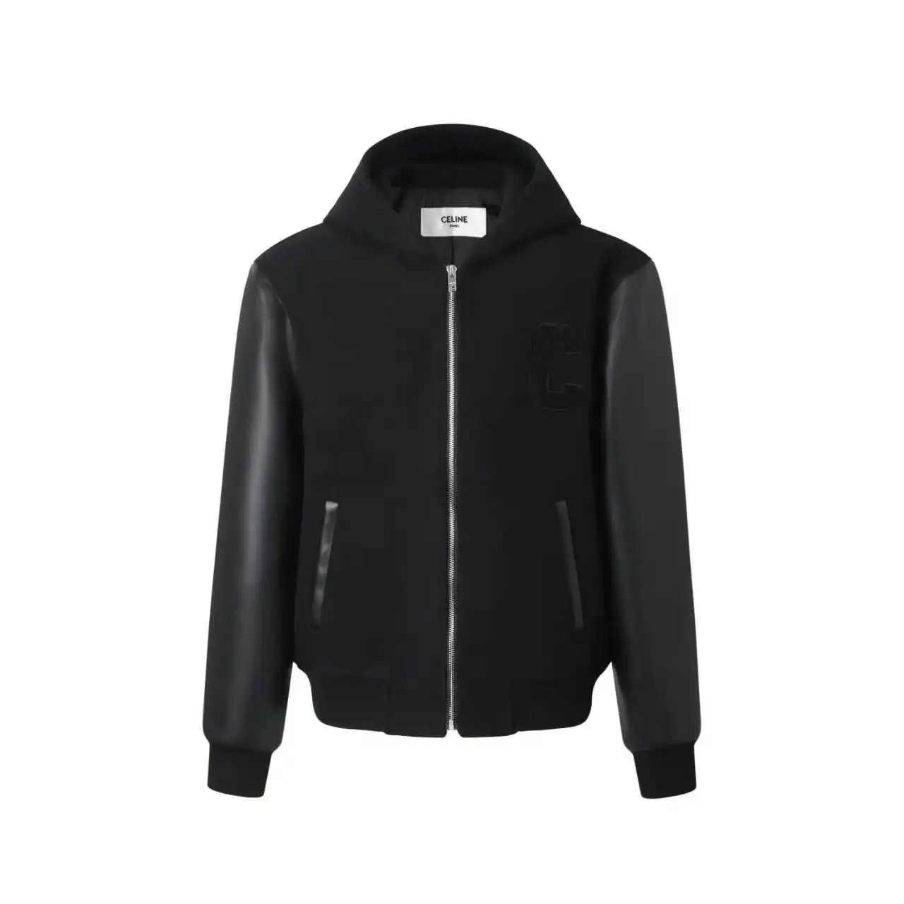 Leather-Sleeve Wool-Blend Hooded Varsity Jacket D37021214