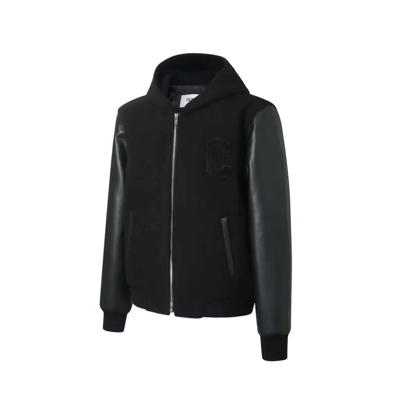 Leather-Sleeve Wool-Blend Hooded Varsity Jacket D37021214 — view 2
