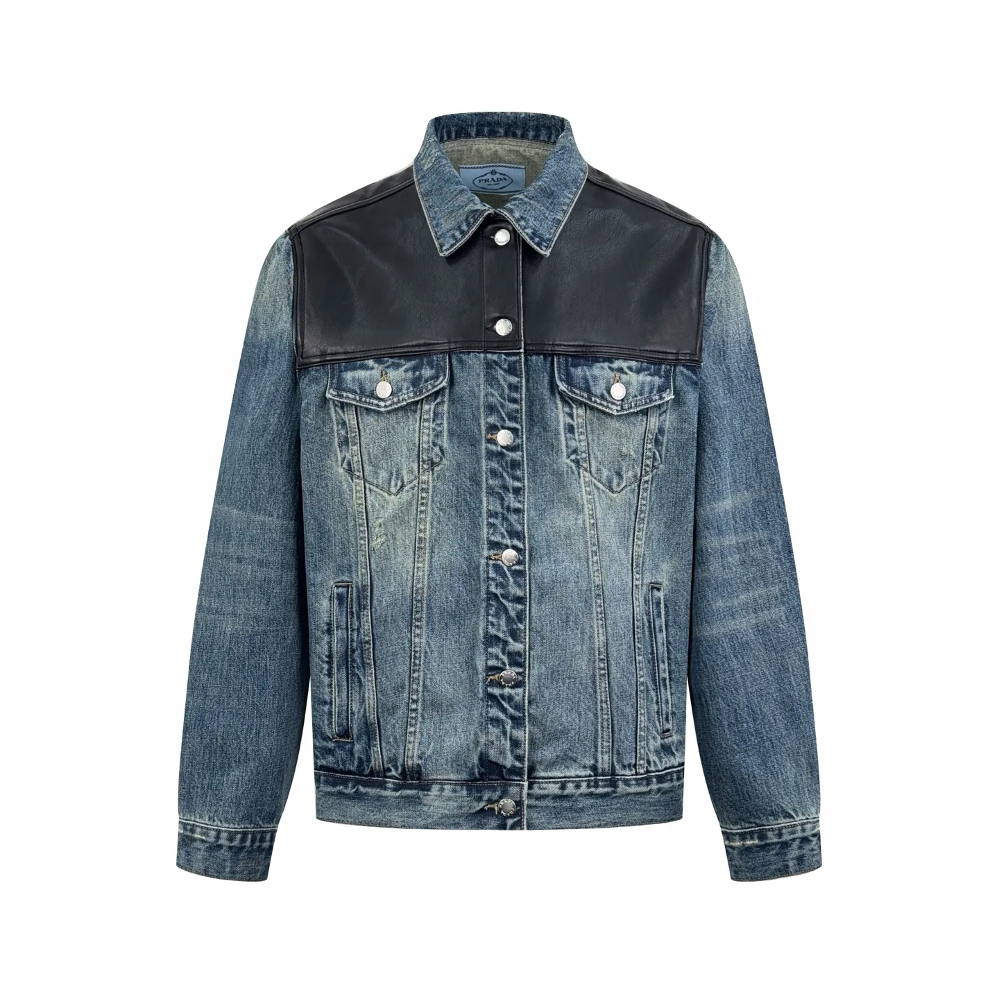 Leather-Trimmed Washed Denim Jacket D39523219