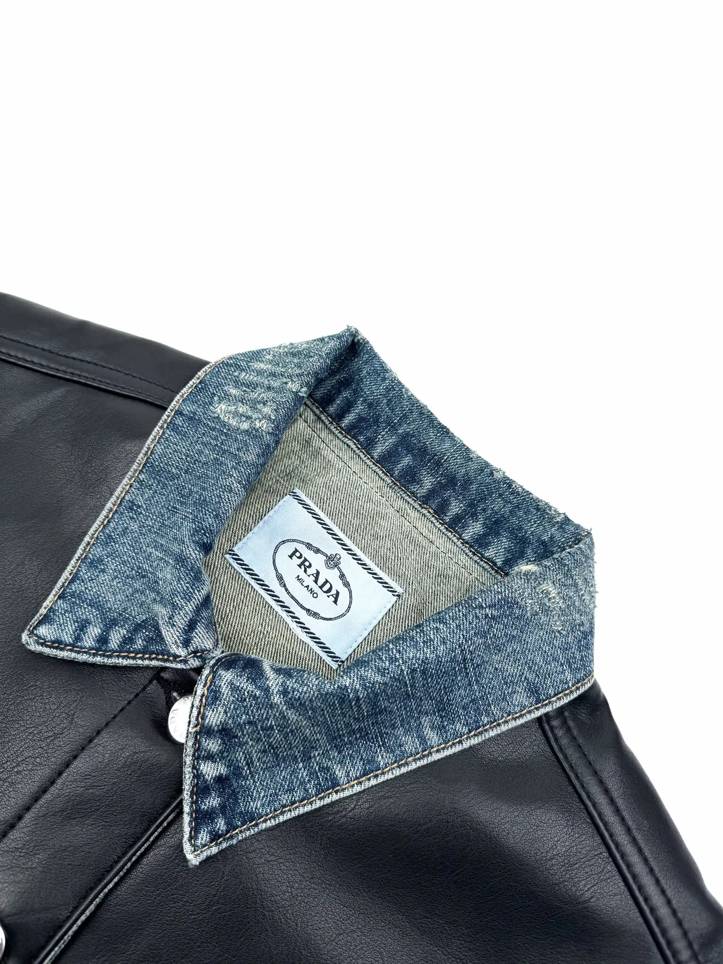 Leather-Trimmed Washed Denim Jacket D39523219 — view 3