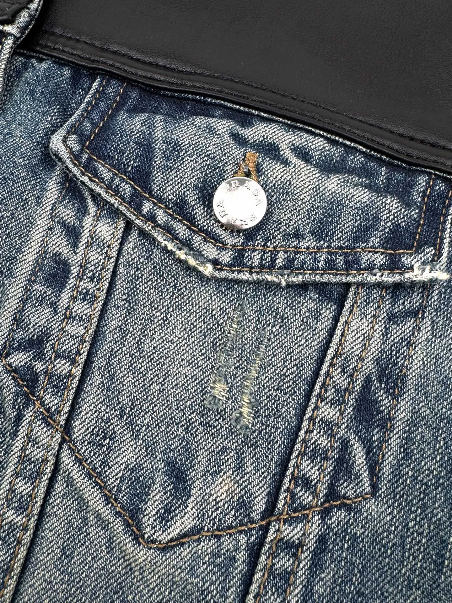 Leather-Trimmed Washed Denim Jacket D39523219 — view 5