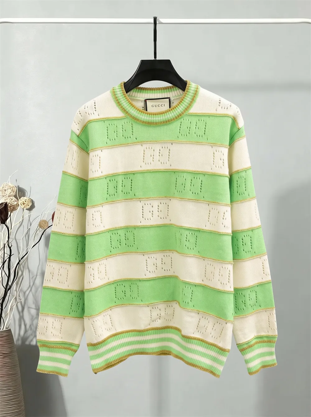 GG Perforated Striped Knit Sweater D20023430