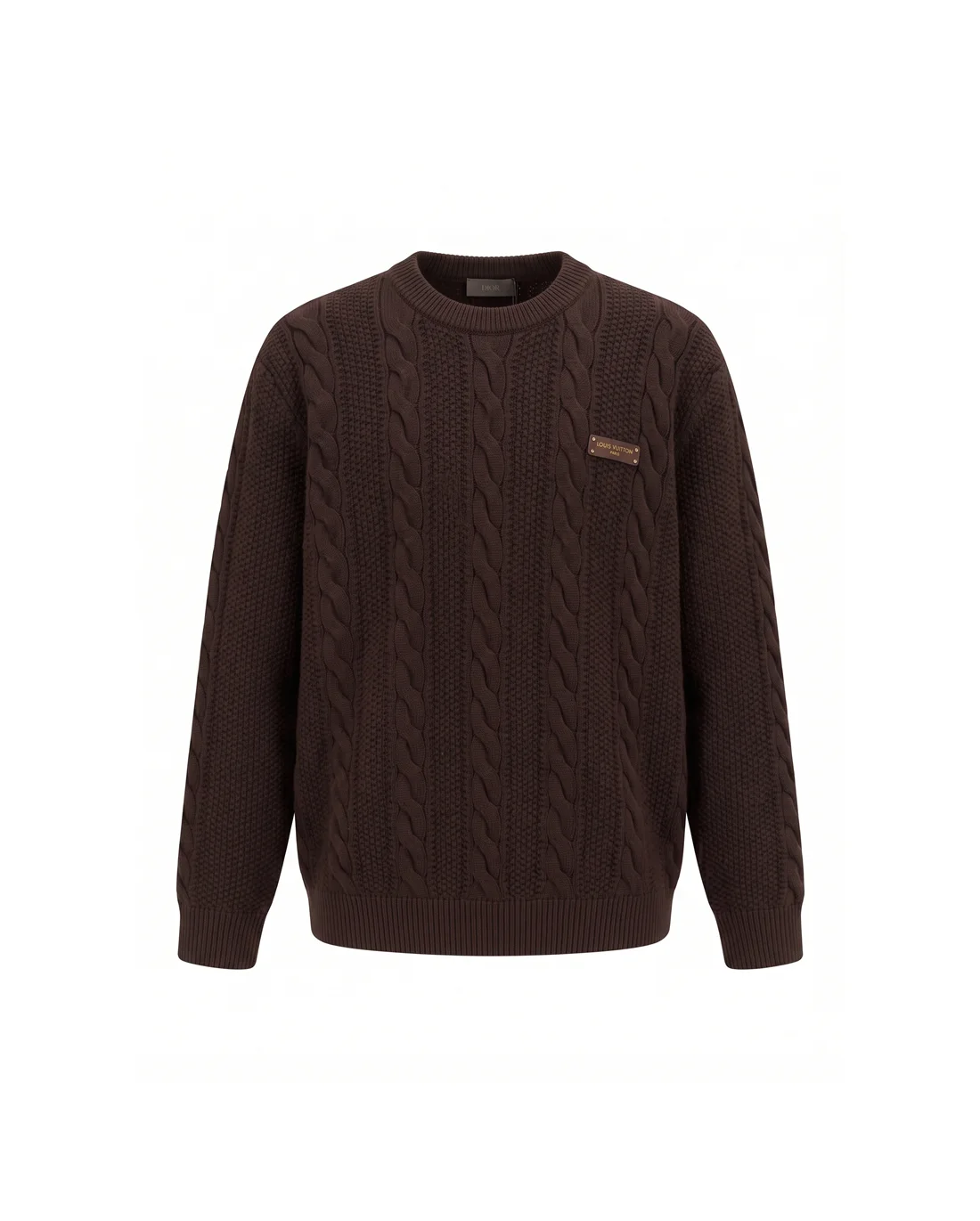 Cable-Knit Crew-Neck Sweater with Leather Logo Patch D23023451