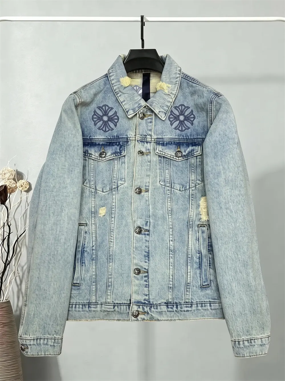 Embroidered Distressed Denim Jacket D25023462