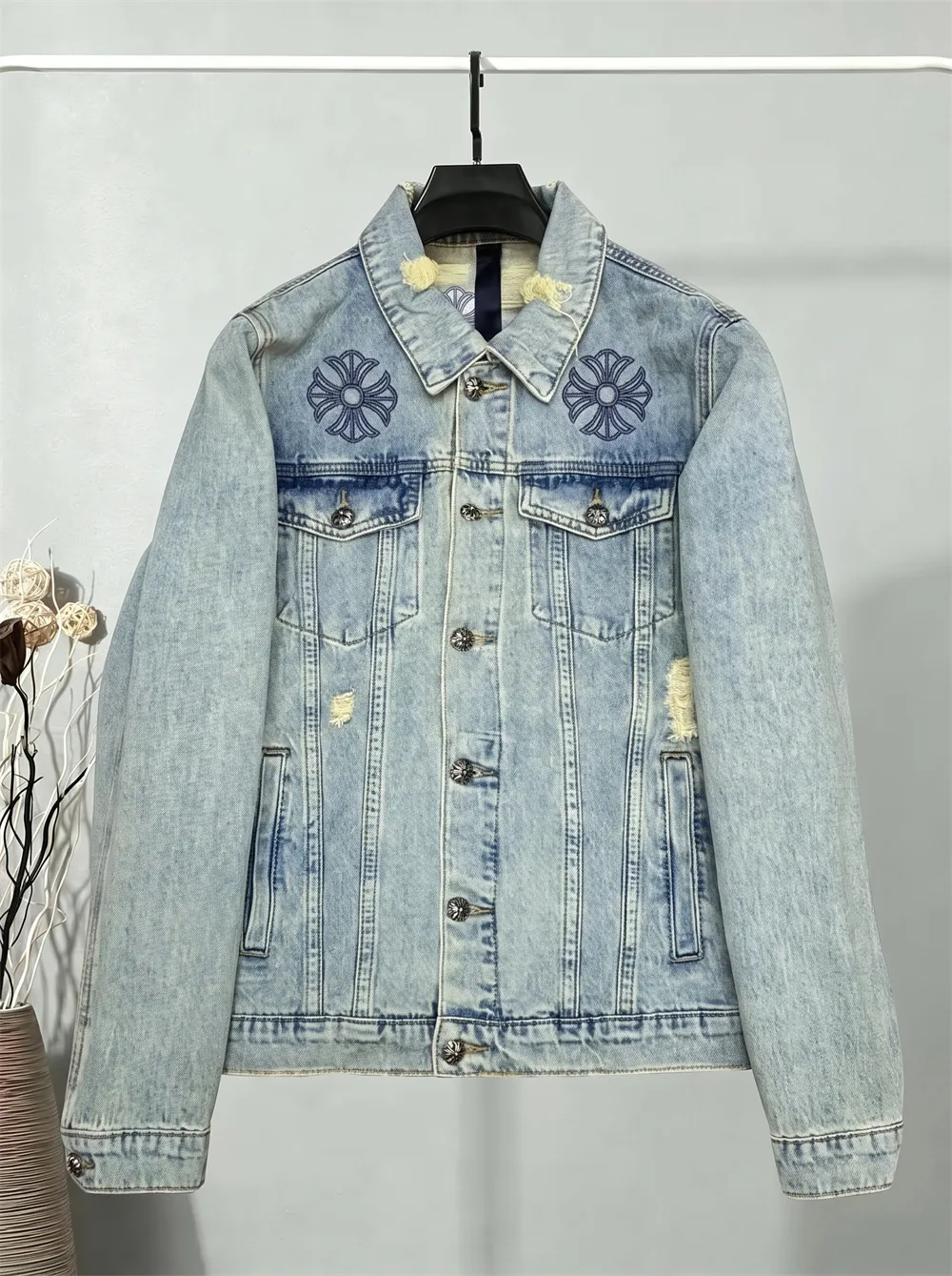 Embroidered Distressed Denim Jacket D25023462