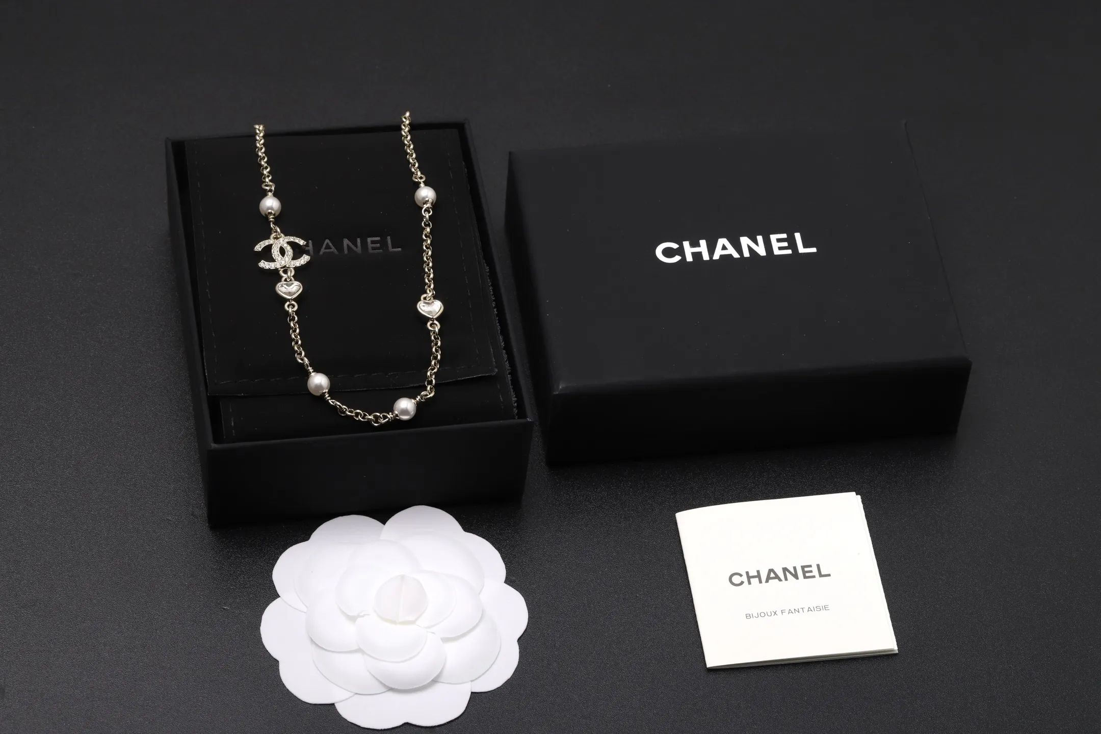 Heart and Faux Pearl CC Long Necklace D15017310