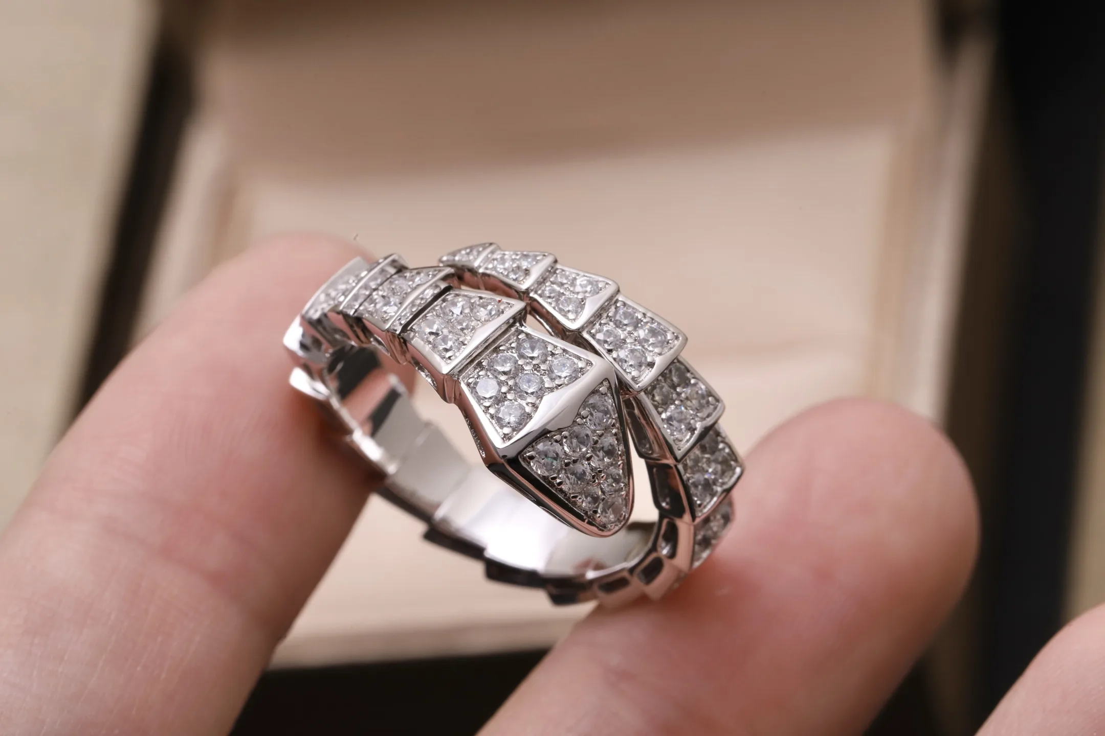 Serpenti-Inspired Pavé Crystal Snake Ring (Gold-Plated Brass) D17017666 — view 6