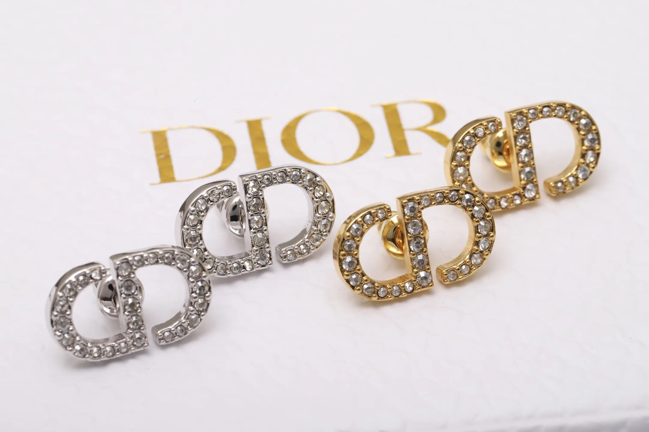CD Navy Crystal Stud Earrings (Gold-Plated Brass) D13517632 — view 3