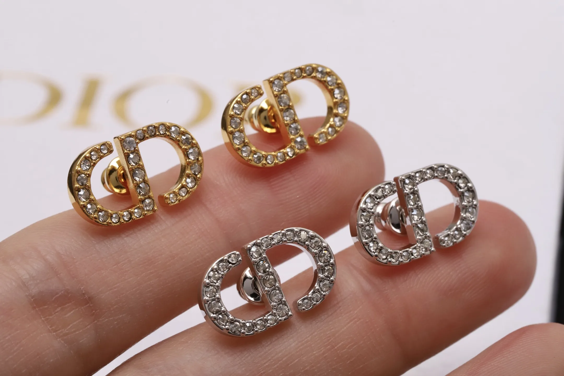 CD Navy Crystal Stud Earrings (Gold-Plated Brass) D13517632 — view 6