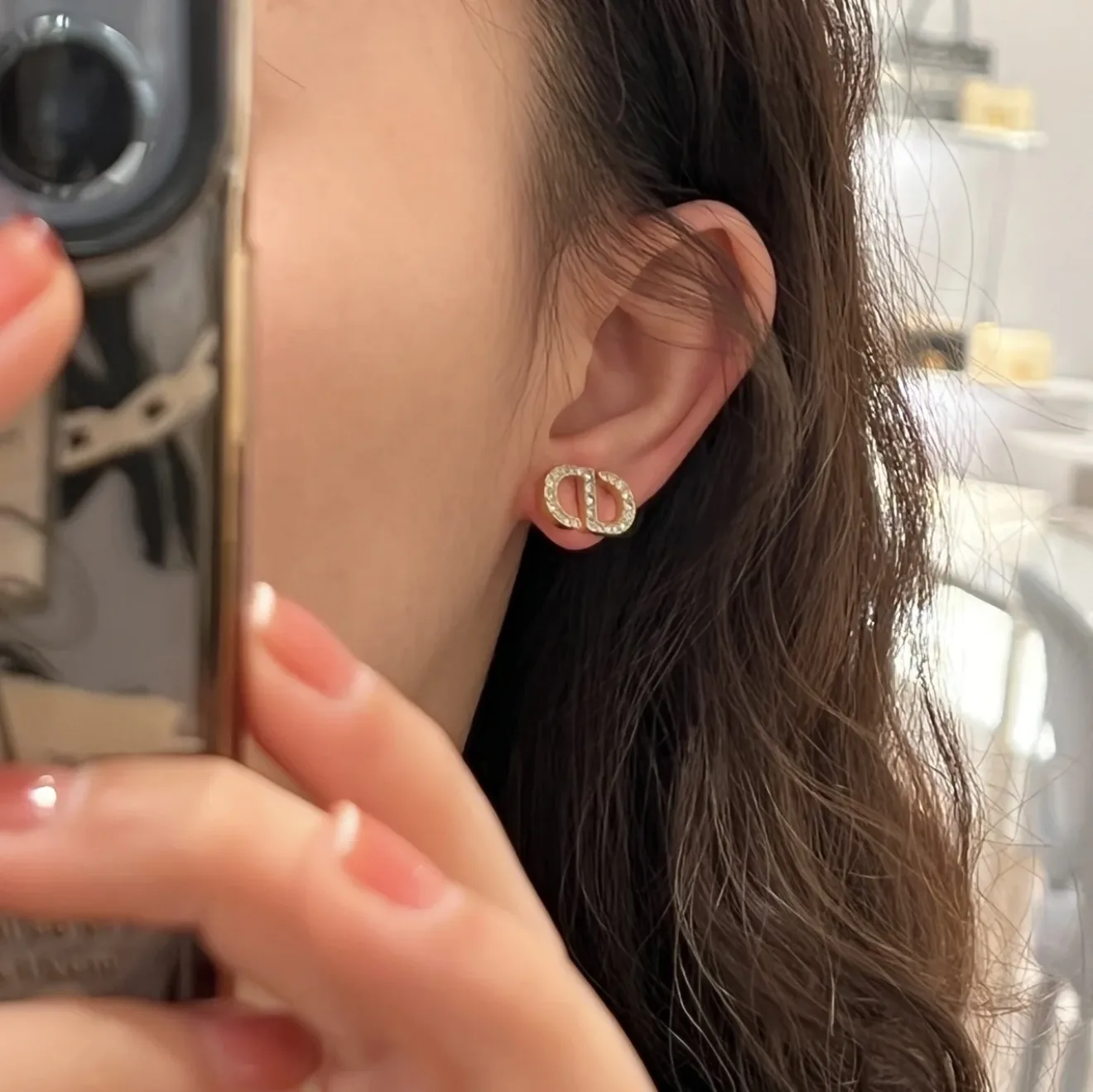 CD Navy Crystal Stud Earrings (Gold-Plated Brass) D13517632 — view 9
