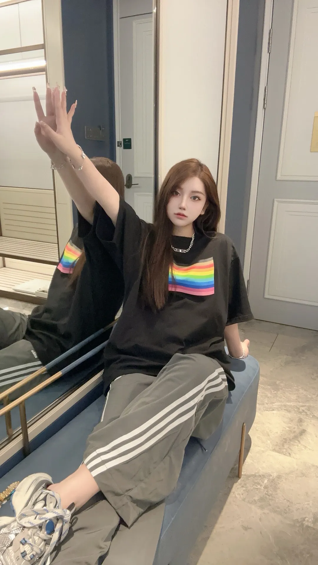 Rainbow Flag Print Oversized T-Shirt D14011835