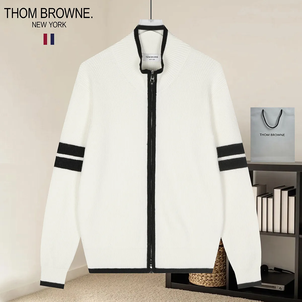 Striped Merino Wool Zip-Up Cardigan D22022882