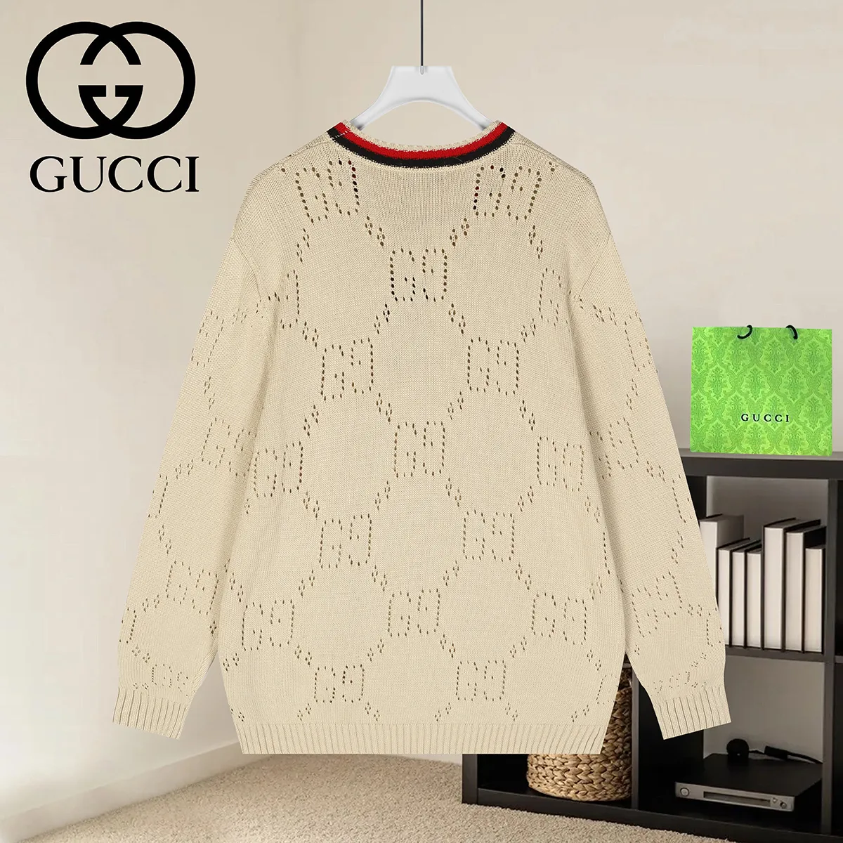GG Perforated Wool Crew-Neck Sweater D18022938 — view 2
