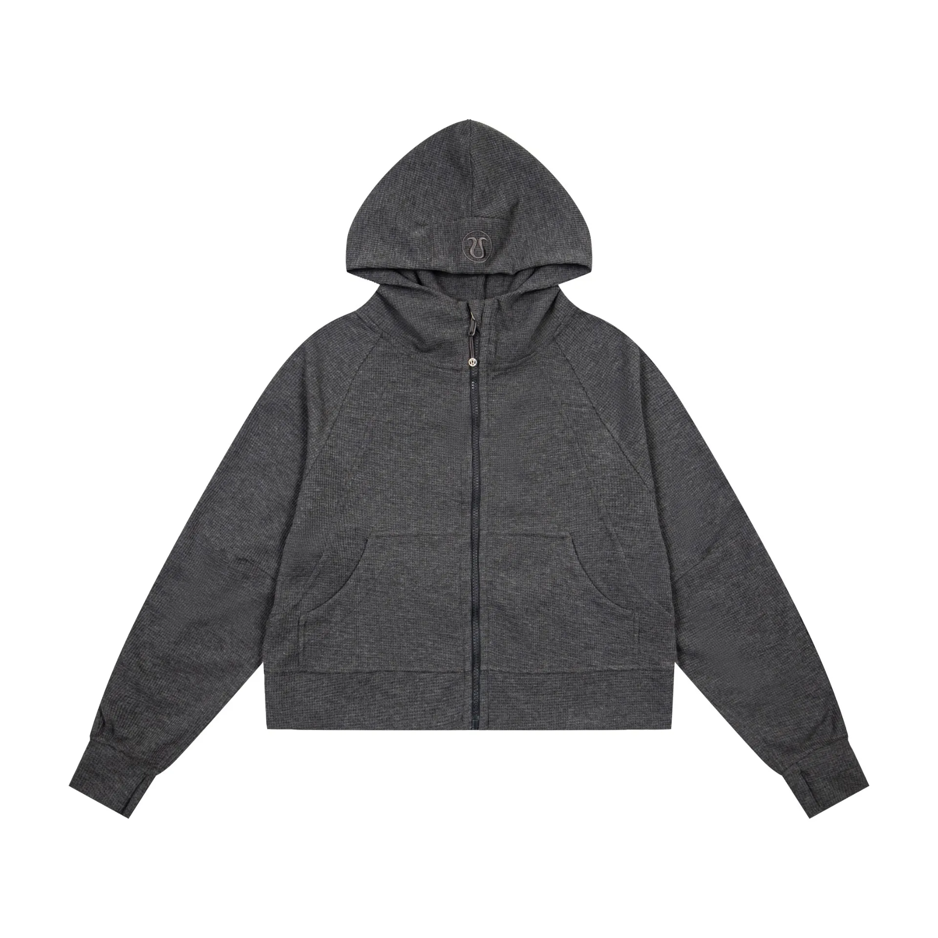 Waffle-Knit Cropped Zip-Up Hoodie D20022997