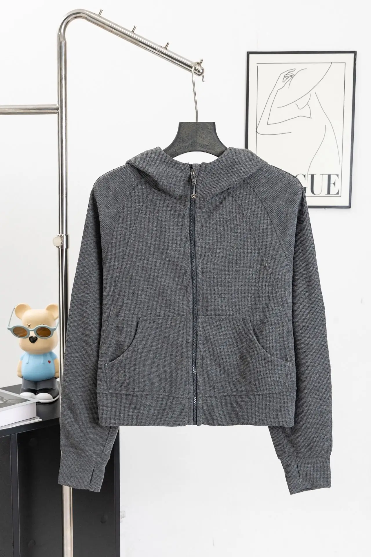 Waffle-Knit Cropped Zip-Up Hoodie D20022996