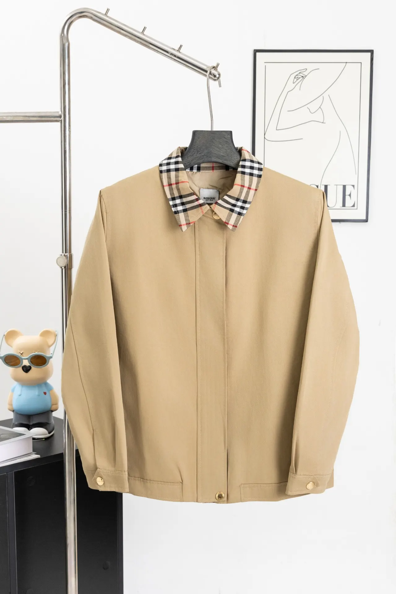Check-Trim Cotton Blend Harrington Jacket D20522972