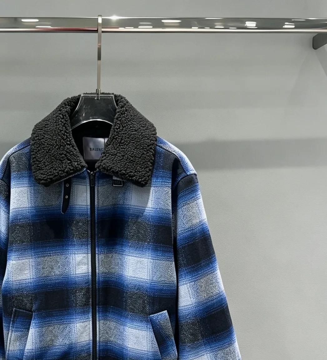 Fleece-Trimmed Checked Wool Jacket D45520288 — view 3