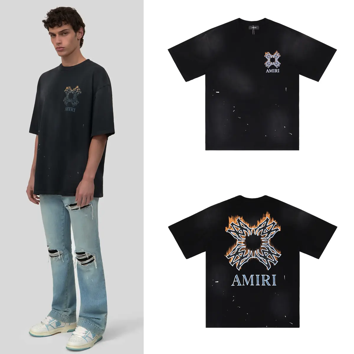 Quad Flames Distressed Oversized T-Shirt D8812207