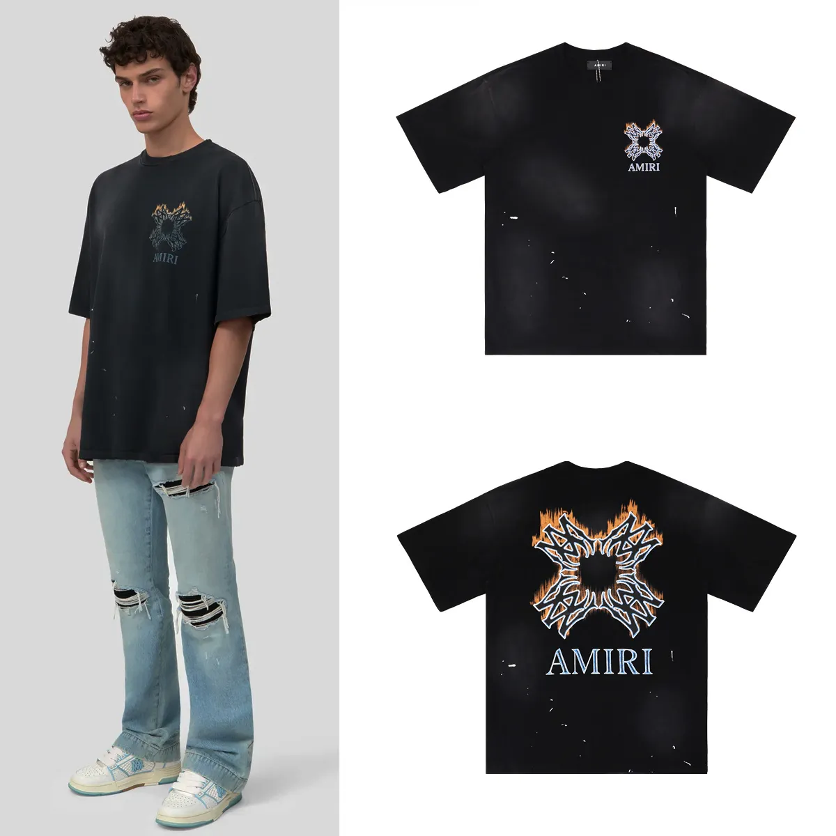 Quad Flames Distressed Oversized T-Shirt D8812207