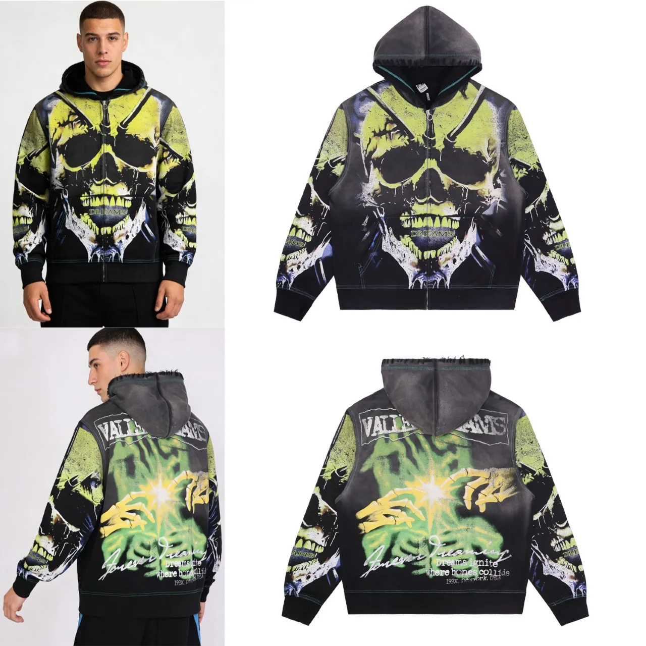 Skull Print Distressed Zip-Up Hoodie D15812152