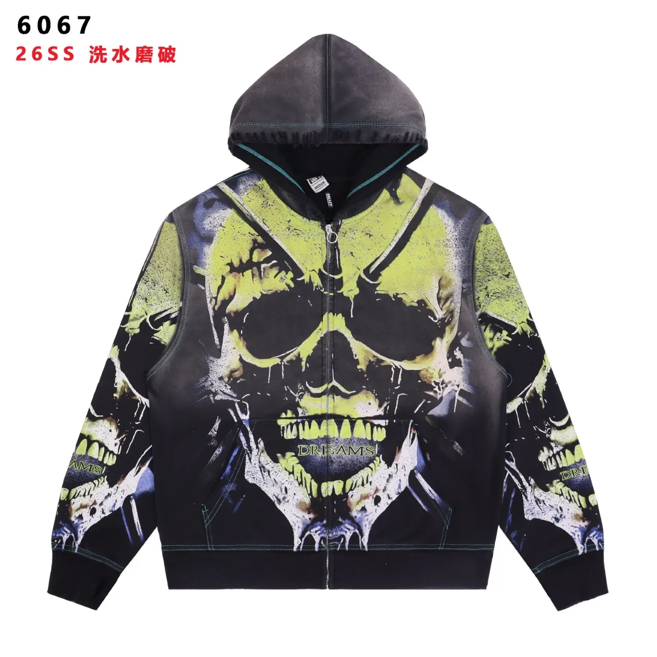 Skull Print Distressed Zip-Up Hoodie D15812152 — view 2