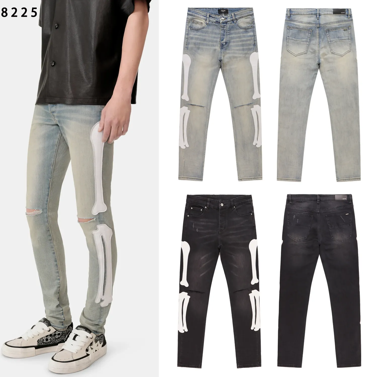 Skeleton Appliqué Distressed Slim-Fit Jeans D13812215